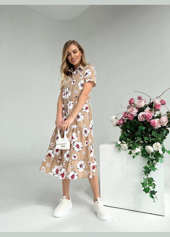Бежевое повседневный женское платье-рубашка с цветочным принтом. рубашка MonCher с цветочным принтом