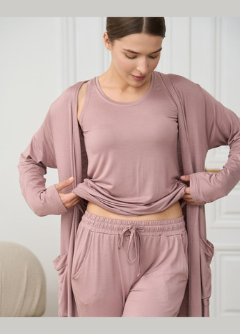 Пудрова комплект-трійка однотонна майка, штани та халат Nicoletta