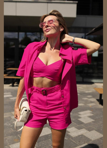 Женский комплект (рубашка, топ, шторты), трэндовый летний лляной костюм, подойдет для встреч и прогулки Intruder (360071936)