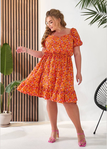 Оранжевое повседневный, кэжуал, коктейльное, вечернее женское платье клеш Україна с цветочным принтом