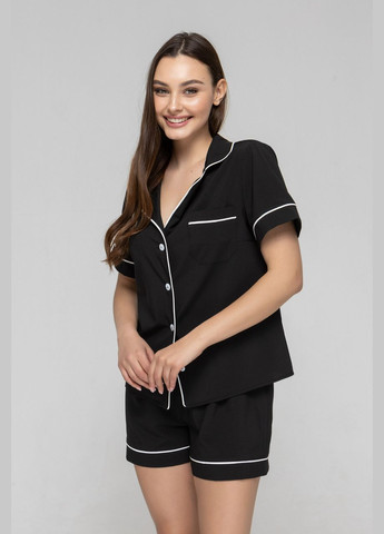 Черная всесезон женская пижама рубашка с коротким рукавом и шорты рубашка + шорты GorLin