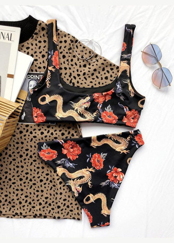 Чорний літній роздільний купальник чорний китайський дракон s m l (44 46 48) Po Fanu