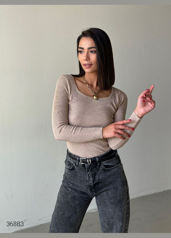 Бежевый демисезонный джемпер в рубчик с квадратным вырезом джемпер Liton