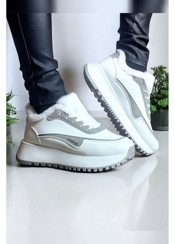 Жіночі теплі зимові на хутрі з сірими вставками білі утеплені Viki кросівки білі (368540569)