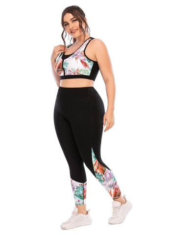 Женский фитнес костюм Plus Size с ярким принтом Женский спортивный комплект топ и лосины черный принт No Brand (370204806)