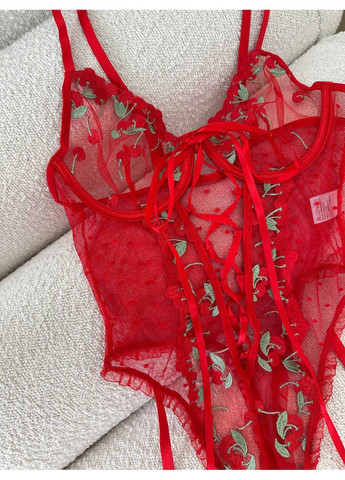 Боді червоне напівпрозоре з квітковою вишивкою та зав’язками Vital-Textile 722/23 (361853772)