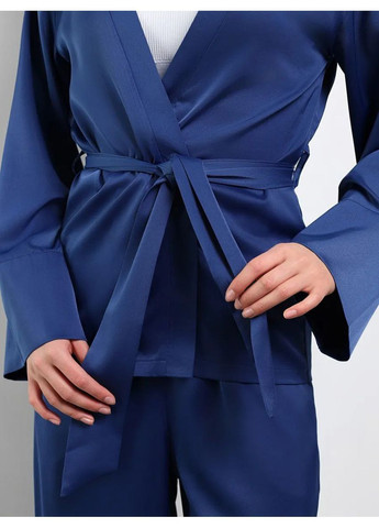 Синяя всесезон атласный пижамный комплект в стиле kimono 3в1 халат рубашка брюки рубашка + брюки No Brand Піжама Kimono чорна