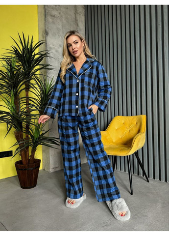 Синя всесезон комплект піжами з трикотажу в клітинку заміри в описі ! сорочка + брюки DK/DL Мода без кордонів