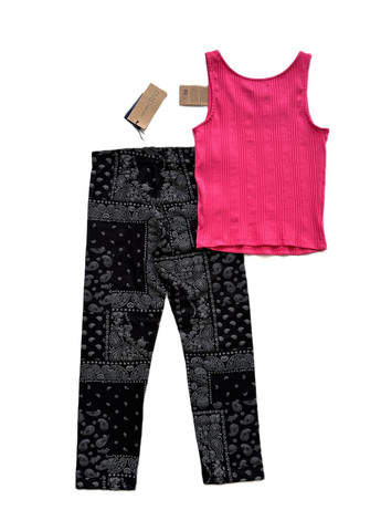 Фуксиновый летний комплект для девочки майка рубчик фуксия 2000-78 + леггинсы черные трикотажные 2000-79 (158 см) OVS
