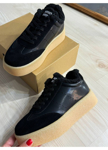 Чорні кеди жіночі 632-1 утеплені шкіряні з замшею на хутрі чорні Hengji