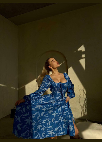 Синее коктейльное, деловое, повседневный, кэжуал, вечернее женское платье клеш FINO Mode с цветочным принтом