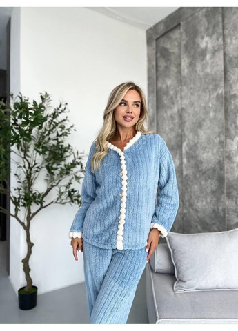 Голубая зимняя домашний плюшевый костюм "небесная нежность" / женский теплый костюм для дома / плюшевый комплект с помпонами No Brand