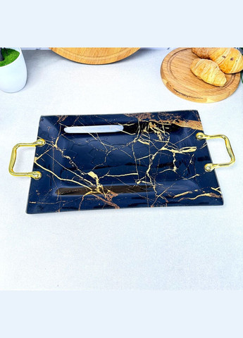 Прямоугольное стеклянное блюдо с ручками 35х22.5 см Чёрный мрамор No Brand (316323274)