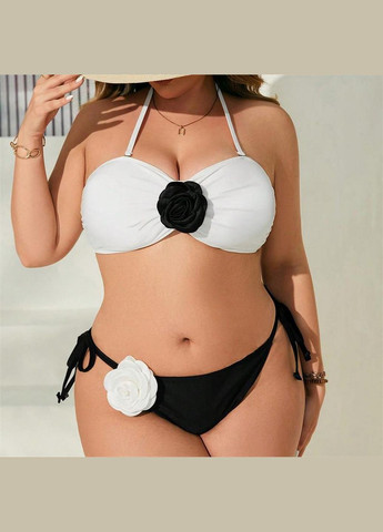 Білий літній купальник жіночий роздільний чорні плавки кремовий ліф із трояндою великий розмір роздільний No Brand 5363
