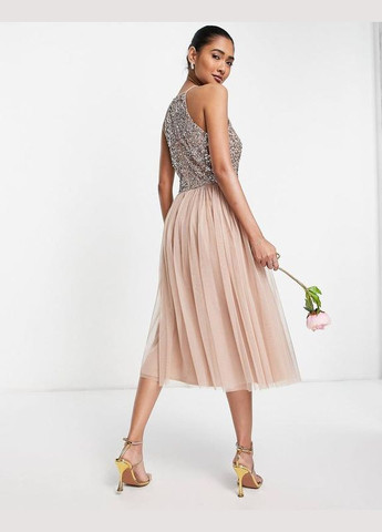 Бежевое коктейльное, вечернее, праздничный платье миди с отделкой пайетками вечерняя maya клеш Asos