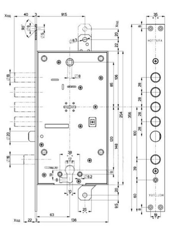 Art. 54797TBSR54 Замок 4-риг с защелкой и допом замком под евроцилиндр (без накладок) Mottura (322520170)