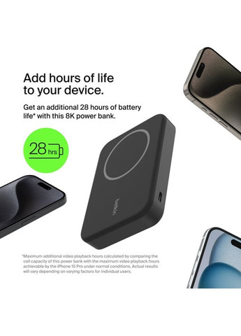 Акумулятор портативний літій-іонний Power Bank 8000мА·рік, 15Вт, MagSafe Qi2, чорний Belkin (319534281)