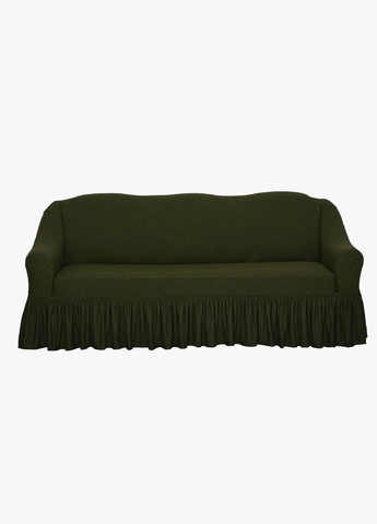 Натяжной чехол-накидка на трехместный диван с рюшами жаккард ЖК-202 Зеленый Venera (268547849)