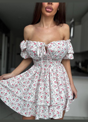 Білий святковий, вечірня міні сукня в квітковий принт з пишною спідницею Adelante з квітковим принтом