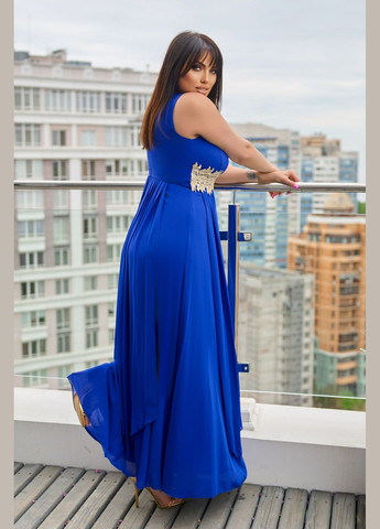 Синее вечернее платье макси с кружевом колокол No Brand однотонное