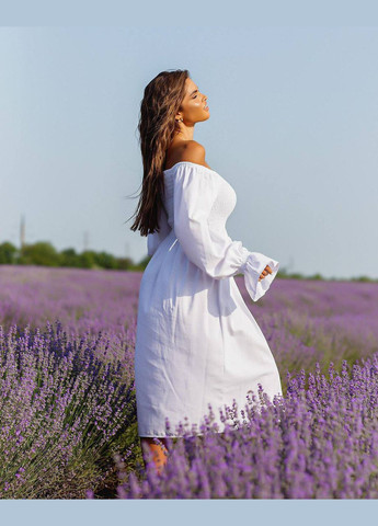 Білий повсякденний сукня міді з льону з відкритими рукавами а-силует MonCher