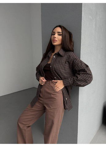 Коричневая повседневный, кэжуал рубашка в клетку No Brand с длинным рукавом