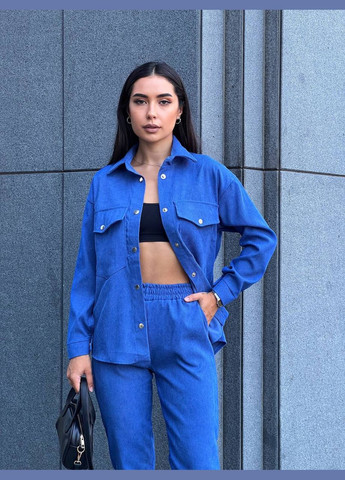 Женский костюм из микровельвета на кнопках синего цвета 26050 Vo No Brand (323644348)