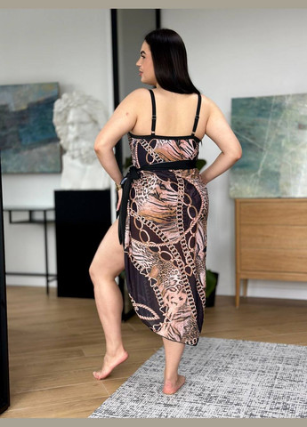 Коричневый летний пляжный комплект для девушек plus size: сплошной купальник + парео слитный Vakko