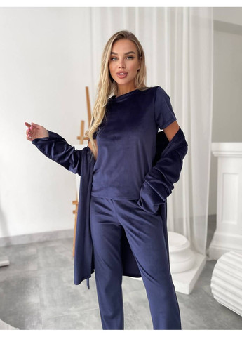 Синя всесезон велюровий домашній комплект трійка Fashion