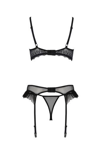 Чорний демісезонний комплект kerria set with open bra black, s/m, бюстгальтер з відкритою чашкою, стрінги, пояс для панчіх Passion