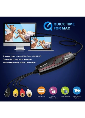 USB 2.0 відеокарта захоплення DIGITNOW BR117 для оцифрування Hi8/VHS/DVD (Composite + SCART адаптер), для Windows та Mac, чорна No Brand (388579733)
