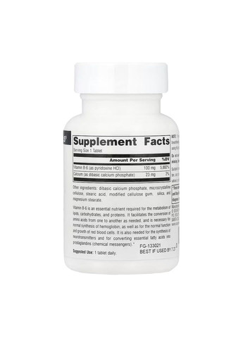 Витамин B6 для вегетарианцев 100 мг 100 таблеток для нервной системы Source Naturals (367957504)