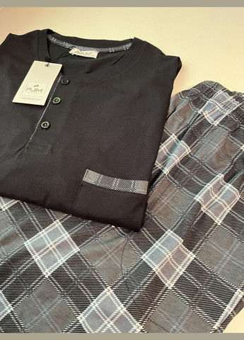 Чоловіча бавовняна піжама лонгслів та штани в клітину сіро-чорна Pijamoni (352769883)