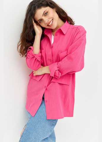 Рожева демісезонна сорочка жіноча базова з жатого льону малинова mkrm4095-20 Modna KAZKA