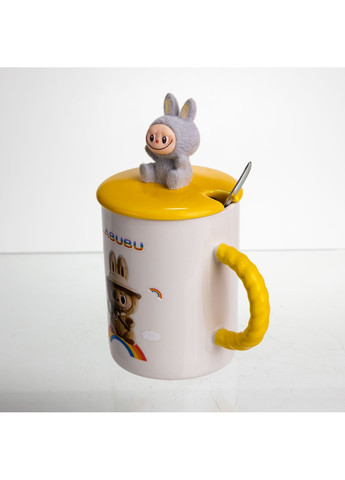 Чашка порцелянова Labubu 300 мл з кришкою і ложкою, жовтий Yiwu (367728804)