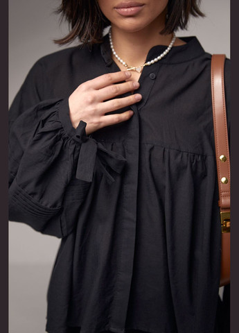 Чорна демісезонна бавовняна блузка з широкими рукавами на зав'язках - чорний Lurex