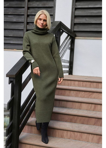Оливкова (хакі) сукня з коміром 2873 льон Triko Bakh