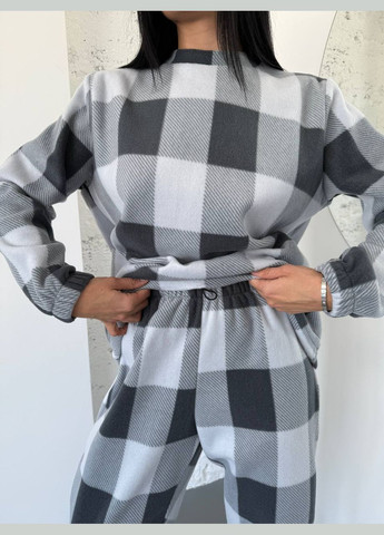 Графитовая всесезон теплая женская пижама двойка в клеточку свитшот + брюки No Brand