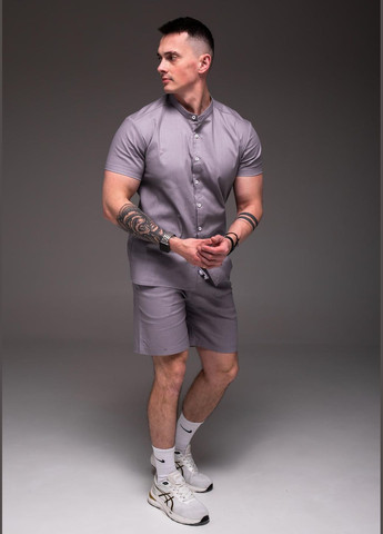 Серый летний костюм мужской рубашка + шорты лен серый с рубашкой, с шортами No Brand