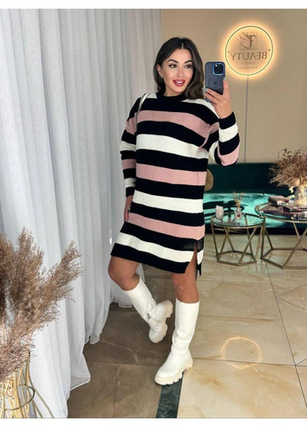 Черное повседневный, кэжуал, джинсовое вязаное платье в полоску, оверсайз силуэт, цвет — чёрный! BANG__BOOOM