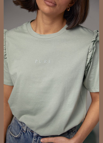М'ятна літня футболка з написом pure та рюшами 2406 з коротким рукавом Lurex