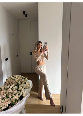 Бежевая всесезон пижама женская топ + брюки Гермес