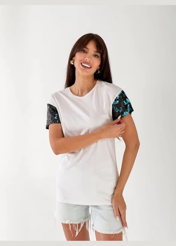 Женская хлопковая футболка с пайетками на рукавах Fashion - (336214718)