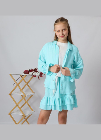 Бирюзовый летний детский муслиновый комплект для девочки ментол блуза+юбка с рюшами mrou юбочный, с рубашкой No Brand