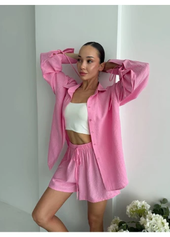 Костю жiночий з бавовни шорти+сорочка рожевого кольору 38461 No Brand (395820940)