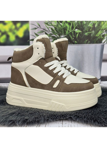 Зимние ботинки женские зимние коричневые с бежевым на платформе с овчиной Bessky из искусственной кожи