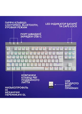 Клавіатура G515 TKL Lightspeed Tactile Bluetooth UA White (920-012539) Logitech (382076786)