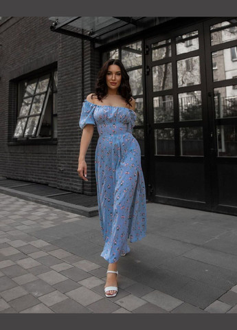 Голубое праздничный, откровенный женское платье макси с вырезом на ножке Avanti с цветочным принтом