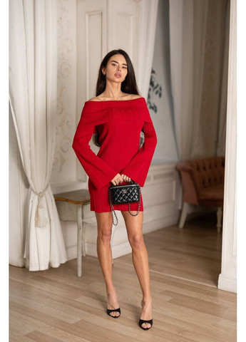 Червона повсякденний жіноча в'язана сукня з відкритими плечима з відкритими плечима KaraMix однотонна