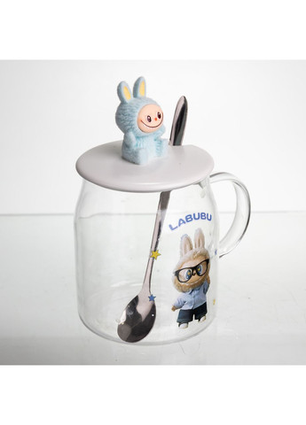 Стеклянная чашка Labubu 600 мл с ложкой и фарфоровой крышкой, голубая FM-56D (A-047552) Yiwu (370381819)